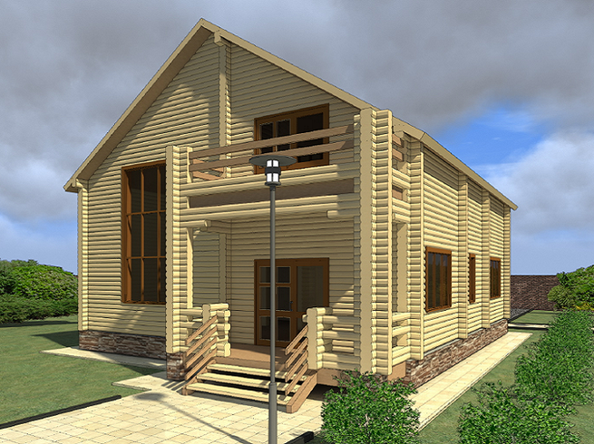 Проект двухэтажного деревянного дома из клееного бруса КБ211. Фасад 1